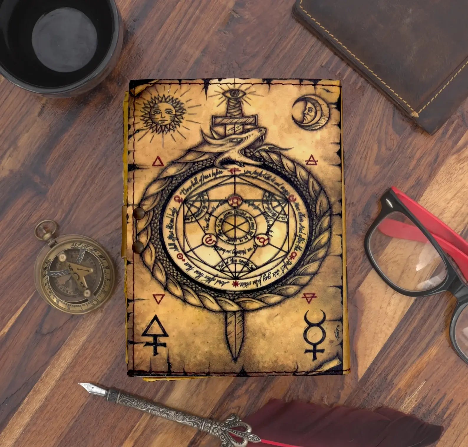 Vintage Leather Journal Notebook Diary with Compass Print 