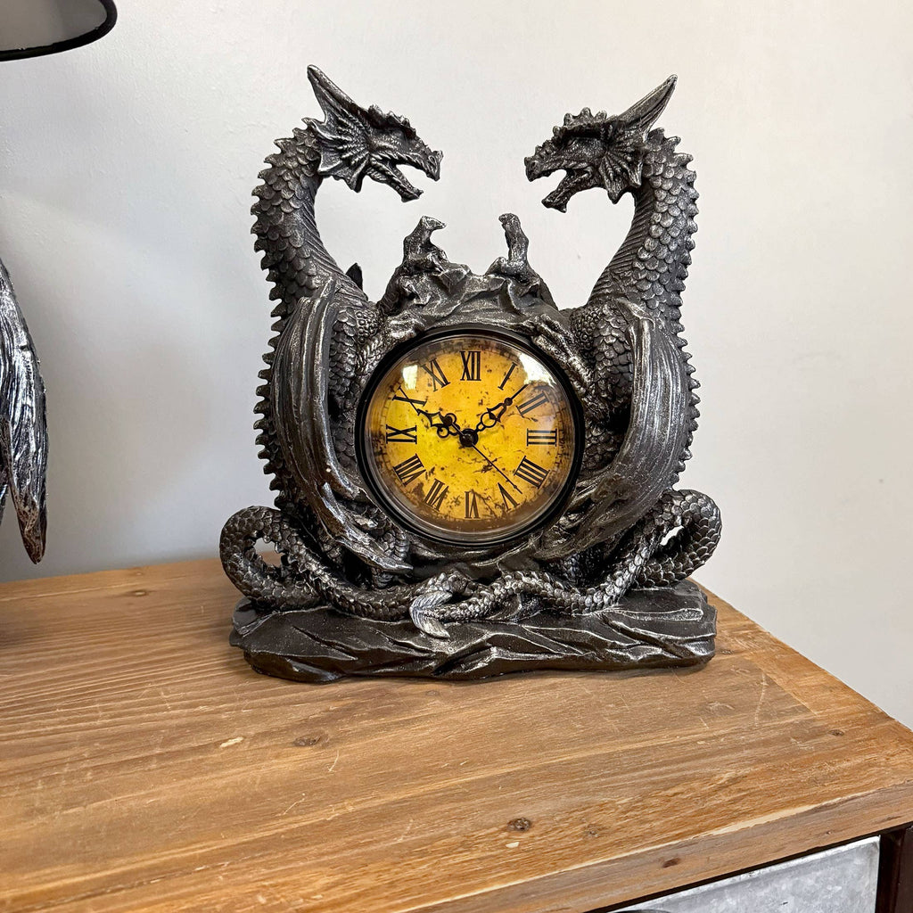 Twin Evil Dragons Antiqued Mantel Clock Table Desk