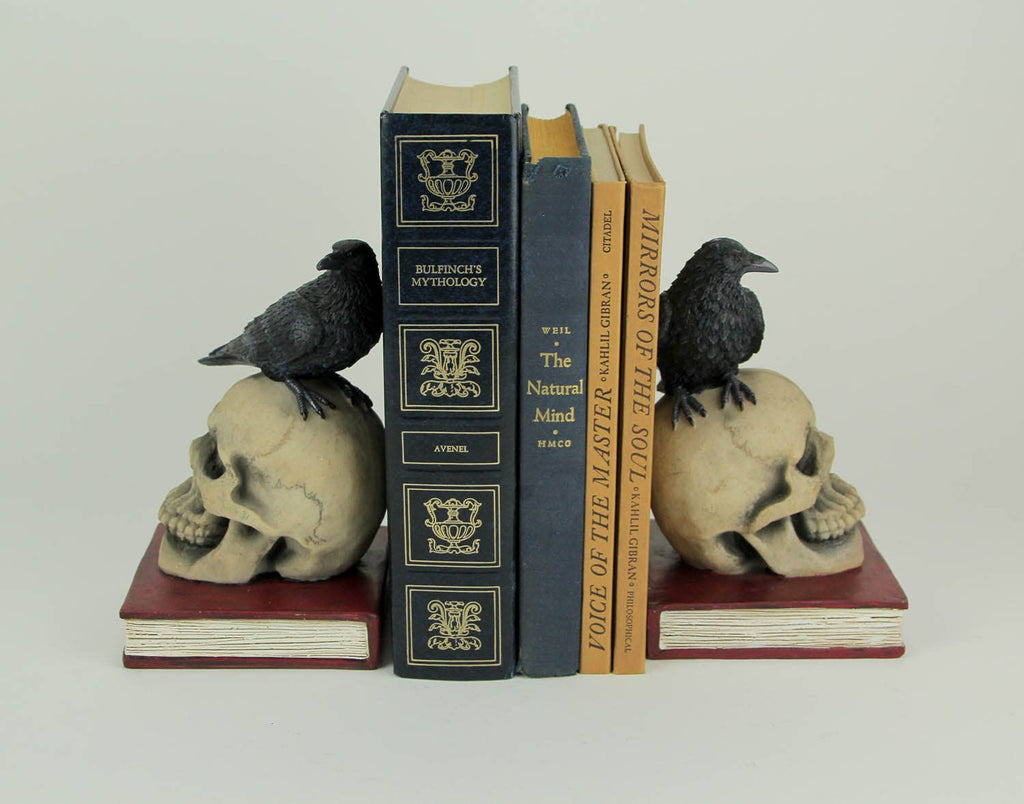 Evil Omen Raven On Skull Perch Decorative Bookend Set
