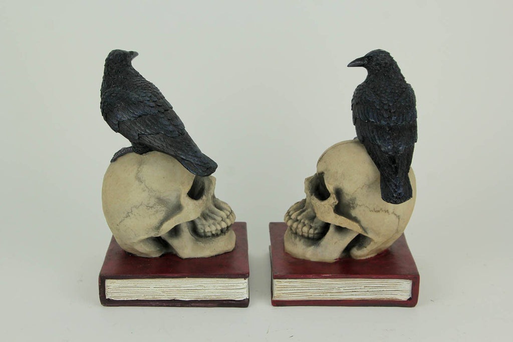 Evil Omen Raven On Skull Perch Decorative Bookend Set