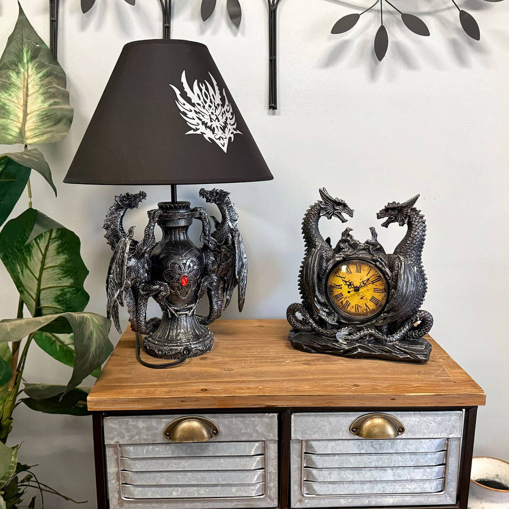 Twin Evil Dragons Antiqued Mantel Clock Table Desk