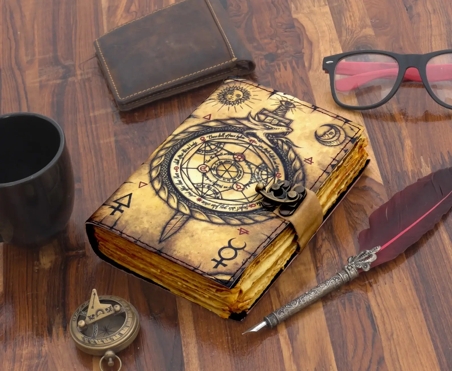Vintage Leather Journal Notebook Diary with Compass Print 